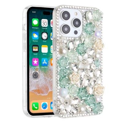 For iPhone 15 Plus Rose Flower Full Diamond Bling Stones - Green