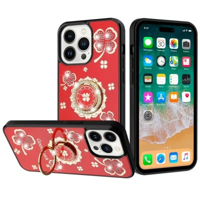 For iPhone 15 Plus Rose Flower Full Diamond Bling Stones - Red