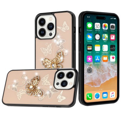 For iPhone 15 Plus SPLENDID Diamond Glitter Ornaments Engraving Case Cover - Garden Butterflies Gold