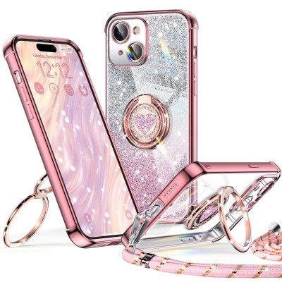 For iPhone 15 Plus SQUARE Passion Glitter Diamond Ring Stand Case Cover - Heart Design Pink