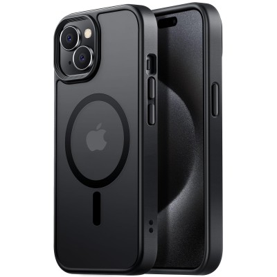 For iPhone 15 Plus Skin Touch Feel HQ [Magnetic Circle] Kickstand Hybrid - Black