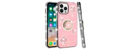 For iPhone 15 Plus Splendid Glitter with Diamonds All Around Edges Ring Stand Case Cover - Pink