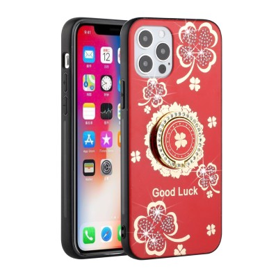 For iPhone 15 Plus Splendid Glitter with Diamonds All Around Edges Ring Stand Case Cover - Red