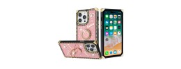 For iPhone 15 Plus Square Passion Hearts Bling Glitter Love Design Ring Stand Case Cover - Pink