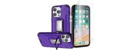 For iPhone 15 Plus Strong Tough Metallic Design Hybrid Premium Kicstand + 3X Tempered Glass - Dark Purple