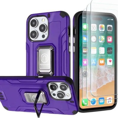 For iPhone 15 Plus Strong Tough Metallic Design Hybrid Premium Kicstand + 3X Tempered Glass - Dark Purple