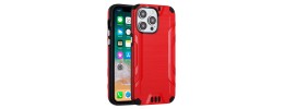 For iPhone 15 Plus Strong Tough Metallic Design Hybrid Premium Kicstand + 3X Tempered Glass - Red