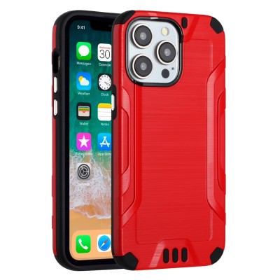 For iPhone 15 Plus Strong Tough Metallic Design Hybrid Premium Kicstand + 3X Tempered Glass - Red