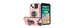 For iPhone 15 Plus Strong Tough Metallic Design Hybrid Premium Kicstand + 3X Tempered Glass - Rose Gold