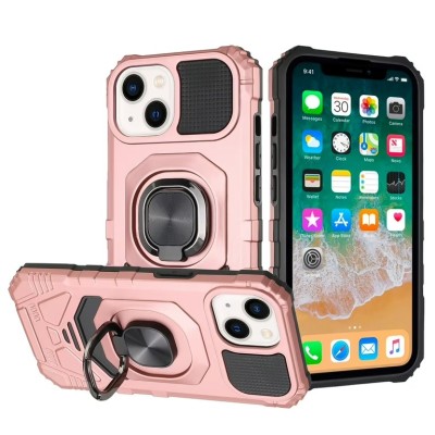 For iPhone 15 Plus Strong Tough Metallic Design Hybrid Premium Kicstand + 3X Tempered Glass - Rose Gold