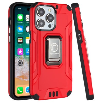 For iPhone 15 Plus Strong Tough Metallic Design Hybrid Premium Kicstand - Red