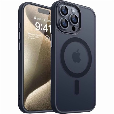 For iPhone 15 Plus Transparent Clear Hybrid with Matching Metal Buttons and Camera Protection - Dark Blue