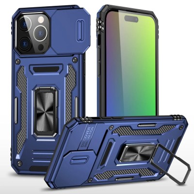 For iPhone 15 Plus Utter Tough Metal Ring Movable Camera Window Hybrid Case Cover - Navy blue