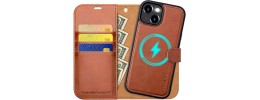 For iPhone 15 Plus Wallet Premium PU Vegan Leather ID Card Money Holder with Magnetic Closure - Brown