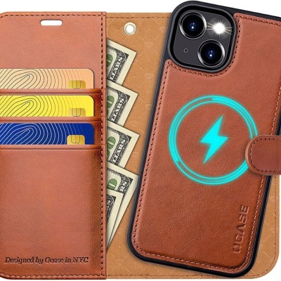 For iPhone 15 Plus Wallet Premium PU Vegan Leather ID Card Money Holder with Magnetic Closure - Brown