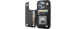 For iPhone 15 Plus Wallet Premium PU Vegan Leather ID Multiple Card Holder Money with Strap - Black
