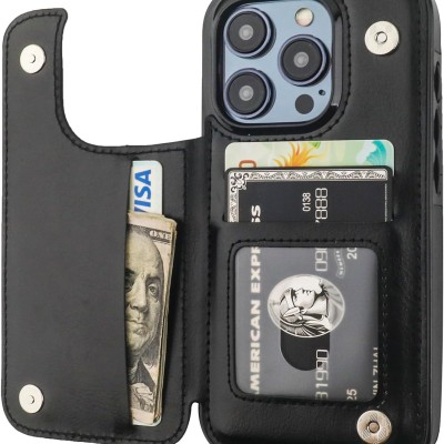 For iPhone 15 Plus Wallet Premium PU Vegan Leather ID Multiple Card Holder Money with Strap - Black