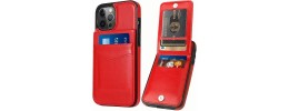 For iPhone 15 Plus Wallet Premium PU Vegan Leather ID Multiple Card Holder Money with Strap - Red