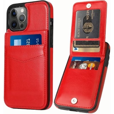 For iPhone 15 Plus Wallet Premium PU Vegan Leather ID Multiple Card Holder Money with Strap - Red