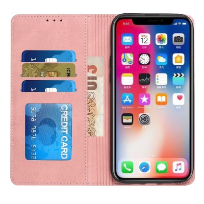 For iPhone 15 Plus Wallet Premium PU Vegan Leather ID Multiple Card Holder Money with Strap - Rose Gold