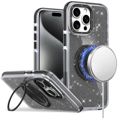 For iPhone 15 Plus/iPhone 14 Plus Glitz HQ Shimmer Glitter [Magnetic Ring Circle] with 360 degree Rotational Ring Kickstand Tough Hybrid Case - Black