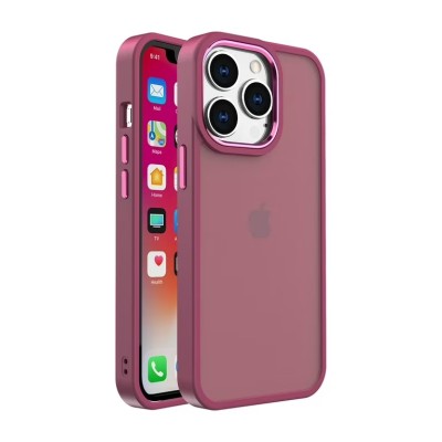 For iPhone 15 Polished Oil Thick Acrylic Metal Button Hybrid Case Cover - Burgundy