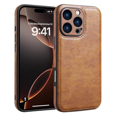 For iPhone 15 Premium PU Leather Square Heart Hybrid Case - Brown