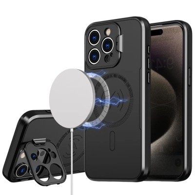 For iPhone 15 Pro Acrylic [Magnetic Circle] Tough 2.5mm Transparent ShockProof Hybrid - Black