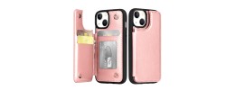 For iPhone 15 Pro Card Holder Passion Square Chromed Heart Ornaments PU Leather Case Cover - Rose Gold