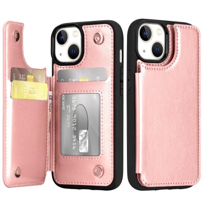 For iPhone 15 Pro Card Holder Passion Square Chromed Heart Ornaments PU Leather Case Cover - Rose Gold