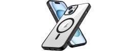 For iPhone 15 Pro Dazzle [Magnetic Circle] Kickstand Alloy Chrome Transparent Hybrid - Black