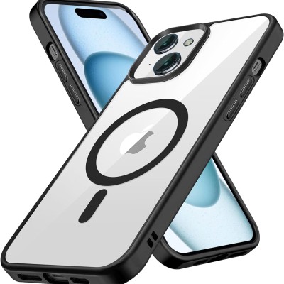 For iPhone 15 Pro Dazzle [Magnetic Circle] Kickstand Alloy Chrome Transparent Hybrid - Black