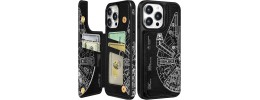 For iPhone 15 Pro Design Wallet ID Credit Card Money Holder with Magnetic Metal Closure including Lanyard - Antique Flower