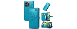 For iPhone 15 Pro Design Wallet ID Credit Card Money Holder with Magnetic Metal Closure including Lanyard - Blue Floral