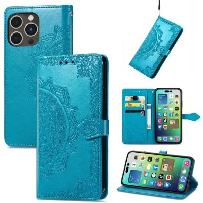 For iPhone 15 Pro Design Wallet ID Credit Card Money Holder with Magnetic Metal Closure including Lanyard - Blue Floral