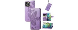 For iPhone 15 Pro Design Wallet ID Credit Card Money Holder with Magnetic Metal Closure including Lanyard - Colorful Butterflies