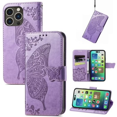 For iPhone 15 Pro Design Wallet ID Credit Card Money Holder with Magnetic Metal Closure including Lanyard - Colorful Butterflies