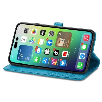 For iPhone 15 Pro Design Wallet ID Credit Card Money Holder with Magnetic Metal Closure including Lanyard - Mandala