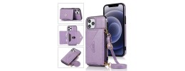 For iPhone 15 Pro Design Wallet ID Credit Card Money Holder with Magnetic Metal Closure including Lanyard - Purple Lily