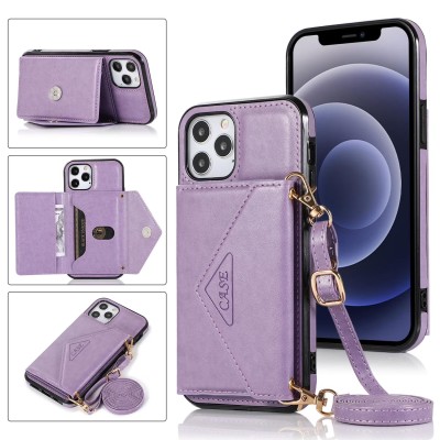For iPhone 15 Pro Design Wallet ID Credit Card Money Holder with Magnetic Metal Closure including Lanyard - Purple Lily