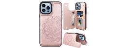 For iPhone 15 Pro Design Wallet ID Credit Card Money Holder with Magnetic Metal Closure including Lanyard - Romantic Pink White Roses Floral