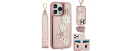 For iPhone 15 Pro Design Wallet ID Credit Card Money Holder with Magnetic Metal Closure including Lanyard - Tropical Romantic Colorful Roses Floral