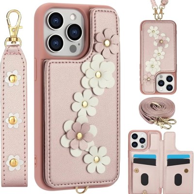 For iPhone 15 Pro Design Wallet ID Credit Card Money Holder with Magnetic Metal Closure including Lanyard - Tropical Romantic Colorful Roses Floral