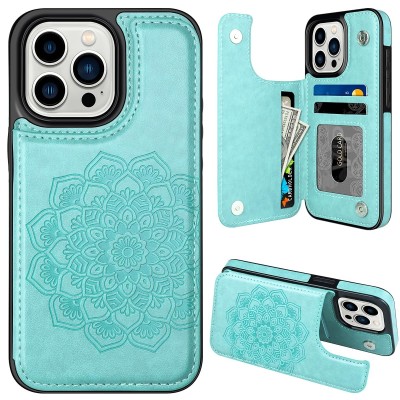 For iPhone 15 Pro Design Wallet ID Credit Card Money Holder with Magnetic Metal Closure including Lanyard - White Daisy Blossom Floral