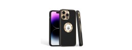 For iPhone 15 Pro Disc Chrome Circle With Chromed Tempered Glass Screen Protector PU UV Leather Case - Black