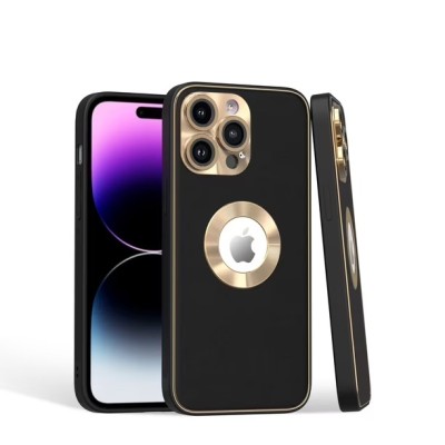 For iPhone 15 Pro Disc Chrome Circle With Chromed Tempered Glass Screen Protector PU UV Leather Case - Black