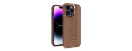 For iPhone 15 Pro Disc Chrome Circle With Chromed Tempered Glass Screen Protector PU UV Leather Case - Brown