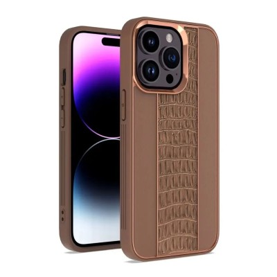 For iPhone 15 Pro Disc Chrome Circle With Chromed Tempered Glass Screen Protector PU UV Leather Case - Brown