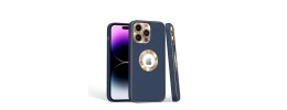 For iPhone 15 Pro Disc Chrome Circle With Chromed Tempered Glass Screen Protector PU UV Leather Case - Dark Blue