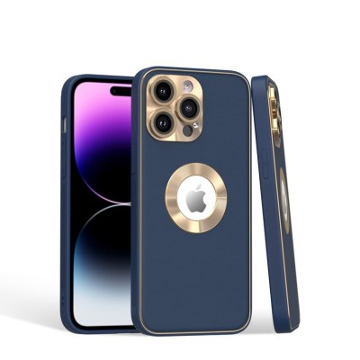For iPhone 15 Pro Disc Chrome Circle With Chromed Tempered Glass Screen Protector PU UV Leather Case - Dark Blue